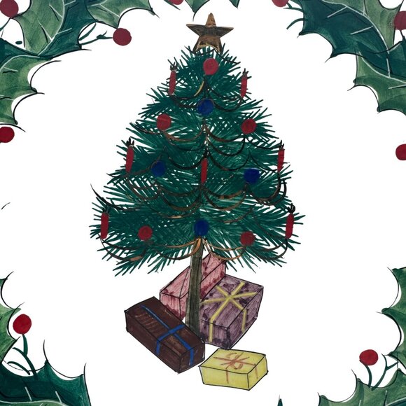 Hand Painted Christmas Tree Ceramic Plate Italy Holly Gift Design - Picture 2 of 7